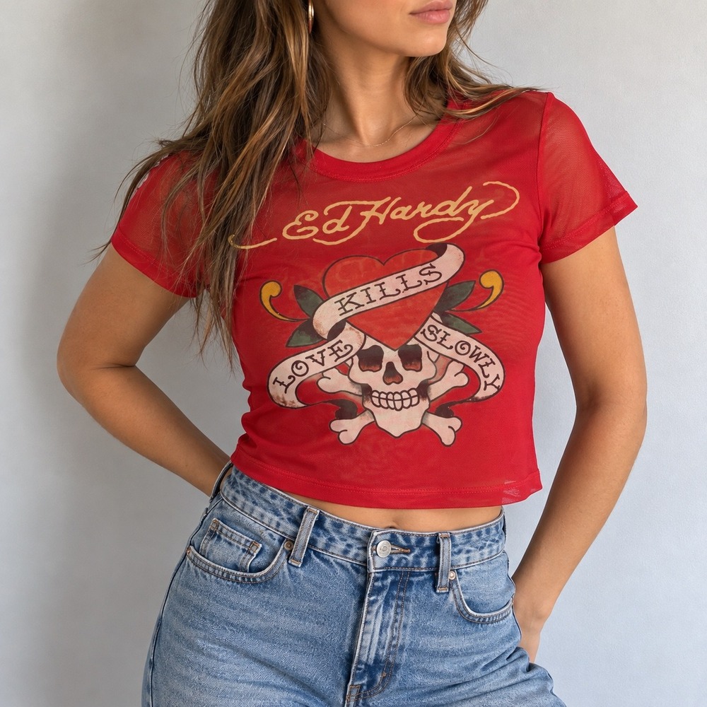 Ed Hardy Red Mesh Crop Top Love Kills Slowly SkullTattoo Medium Y2K Baby Tee